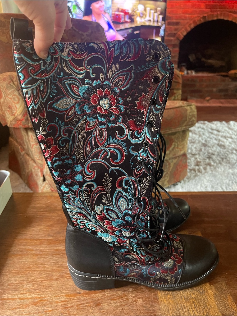 Embroidered Lace-Up Knee Boot in Black with Teal & Red